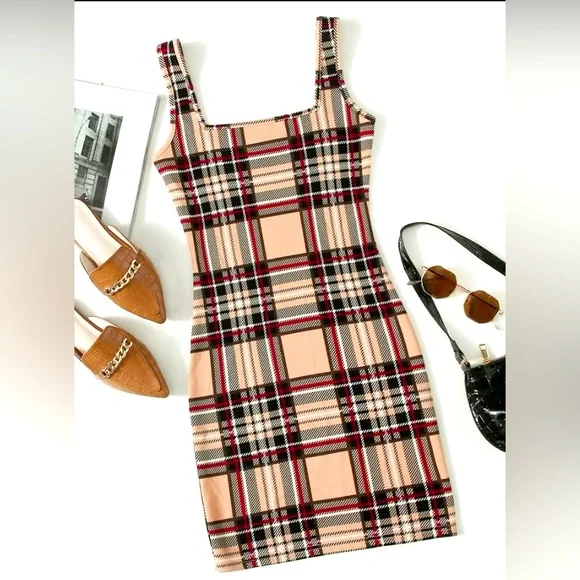 Double Square Neck Plaid Bodycon Mini Dress, Women’s Size Medium. - Picture 3 of 5